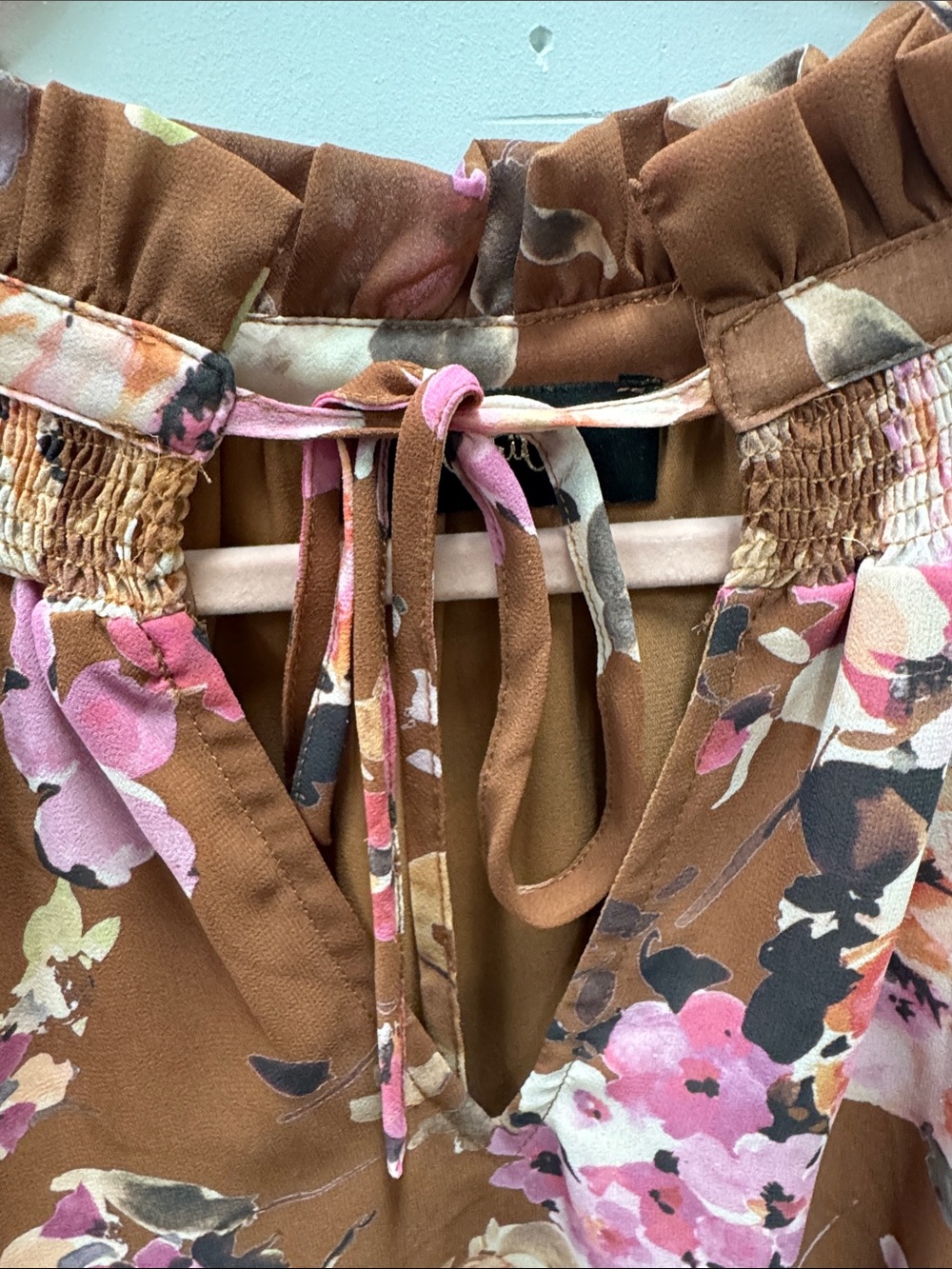 Floral Ruffle Neck Peasant Blouse - Brown/Pink - Picture 4 of 6